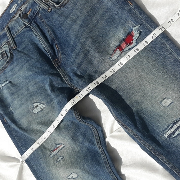 Old Navy Slim Built In Tough Flex 33x32 Distressed Plaid Patchwork Blue Jeans - Picture 11 of 17